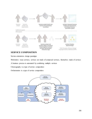 226 
SERVICE COMPOSITION 
Service-orientation design paradigm 
Motivation: reuse services, services are made of composed services, themselves made of services 
A business process is automated by combining multiple services 
Choreography is a type of service composition 
Orchestration is a type of service composition 
 