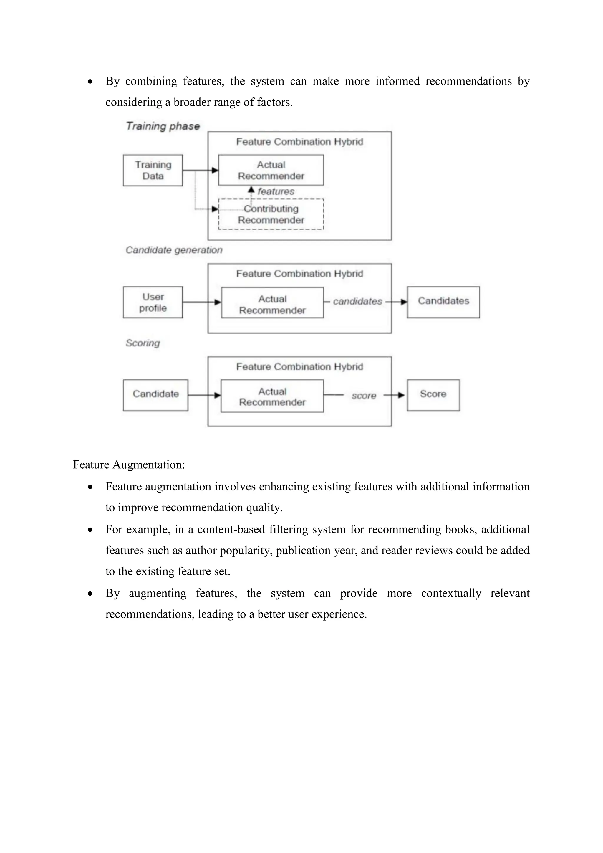  By combining features, the system can make more informed recommendations by
considering a broader range of factors.
Feature Augmentation:
 Feature augmentation involves enhancing existing features with additional information
to improve recommendation quality.
 For example, in a content-based filtering system for recommending books, additional
features such as author popularity, publication year, and reader reviews could be added
to the existing feature set.
 By augmenting features, the system can provide more contextually relevant
recommendations, leading to a better user experience.
 