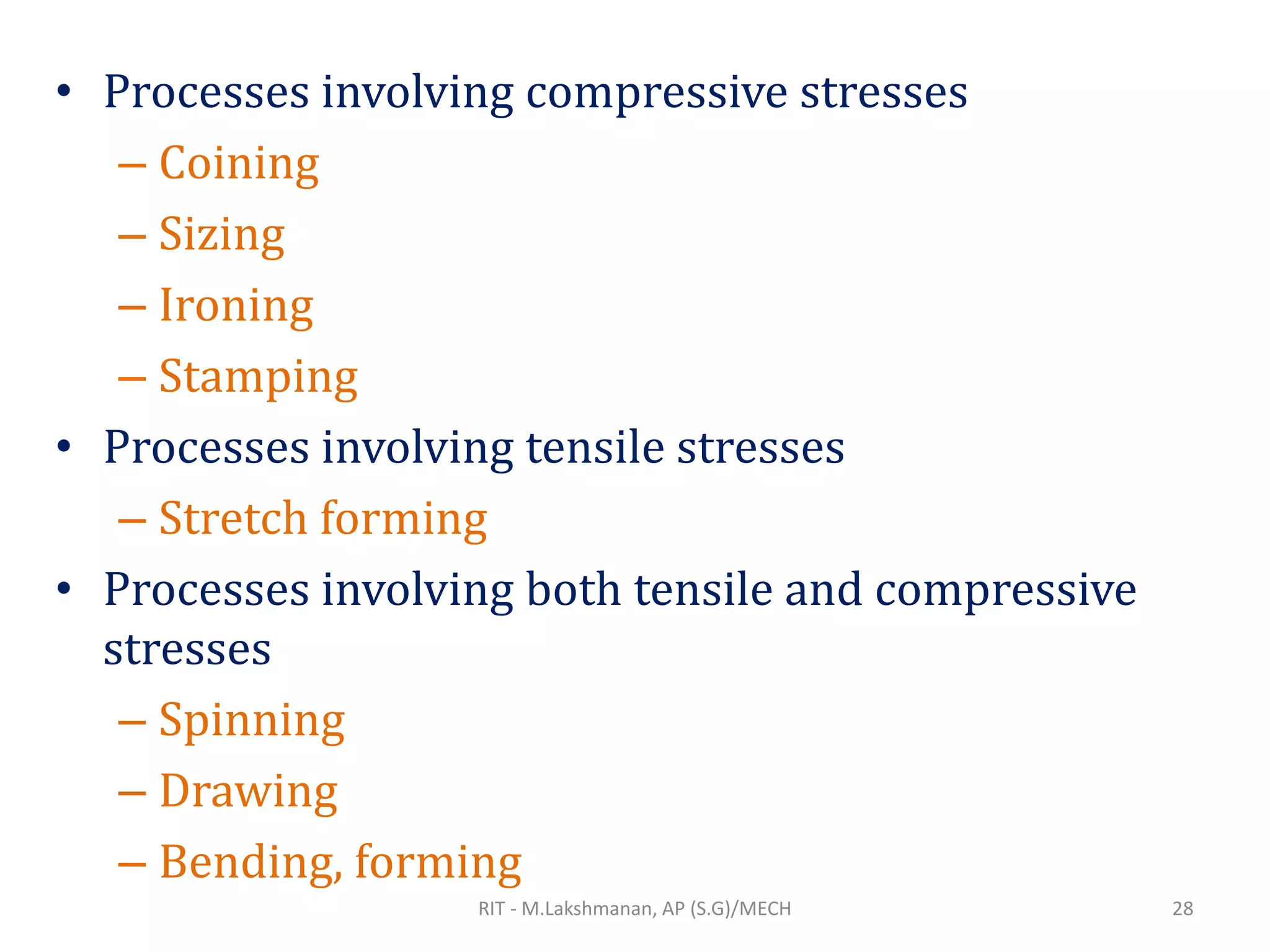 • Processes involving compressive stresses
– Coining
– Sizing
– Ironing
– Stamping
• Processes involving tensile stresses
– Stretch forming
• Processes involving both tensile and compressive
stresses
– Spinning
– Drawing
– Bending, forming
RIT - M.Lakshmanan, AP (S.G)/MECH 28
 