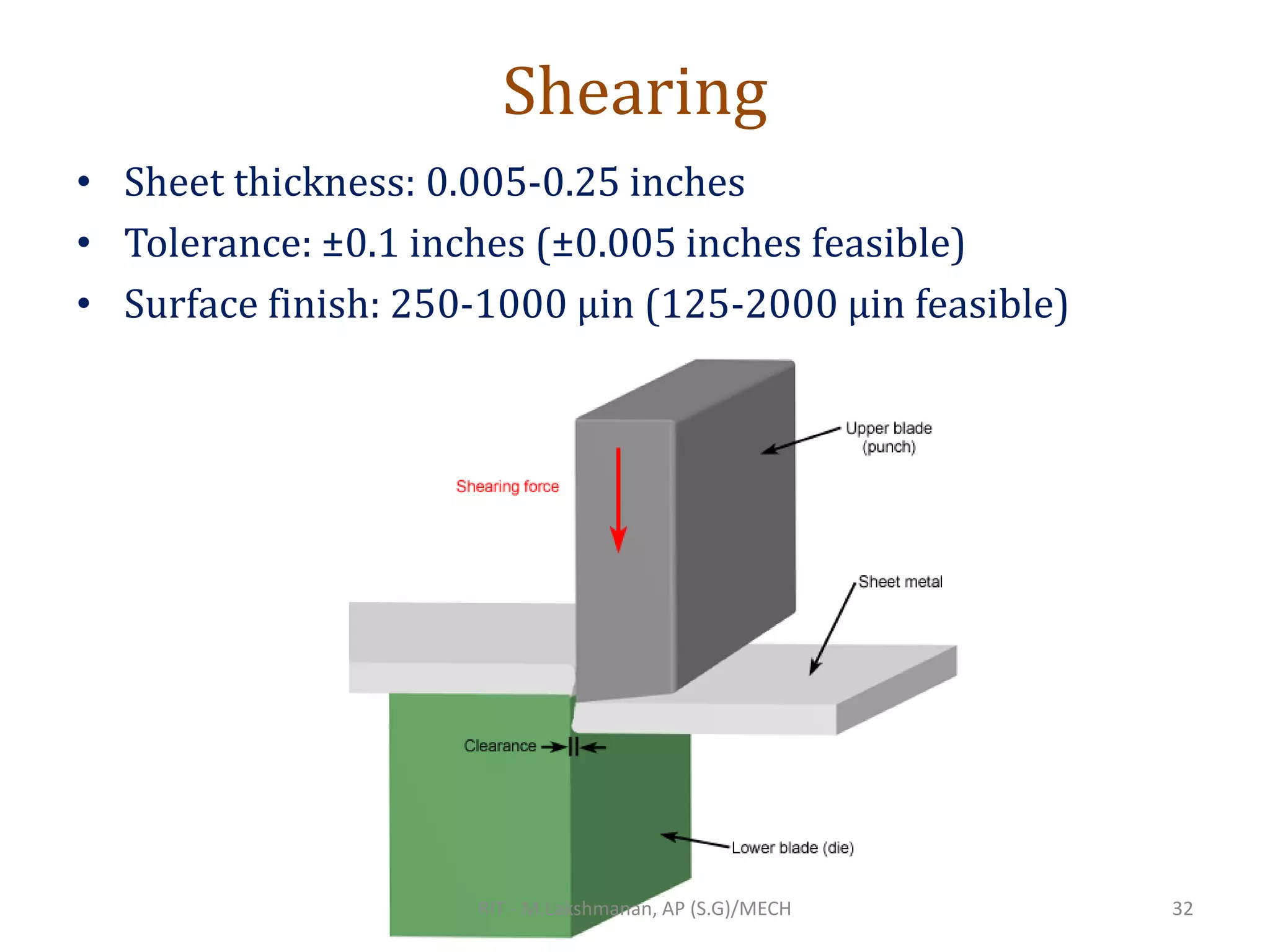 Shearing
• Sheet thickness: 0.005-0.25 inches
• Tolerance: ±0.1 inches (±0.005 inches feasible)
• Surface finish: 250-1000 μin (125-2000 μin feasible)
RIT - M.Lakshmanan, AP (S.G)/MECH 32
 