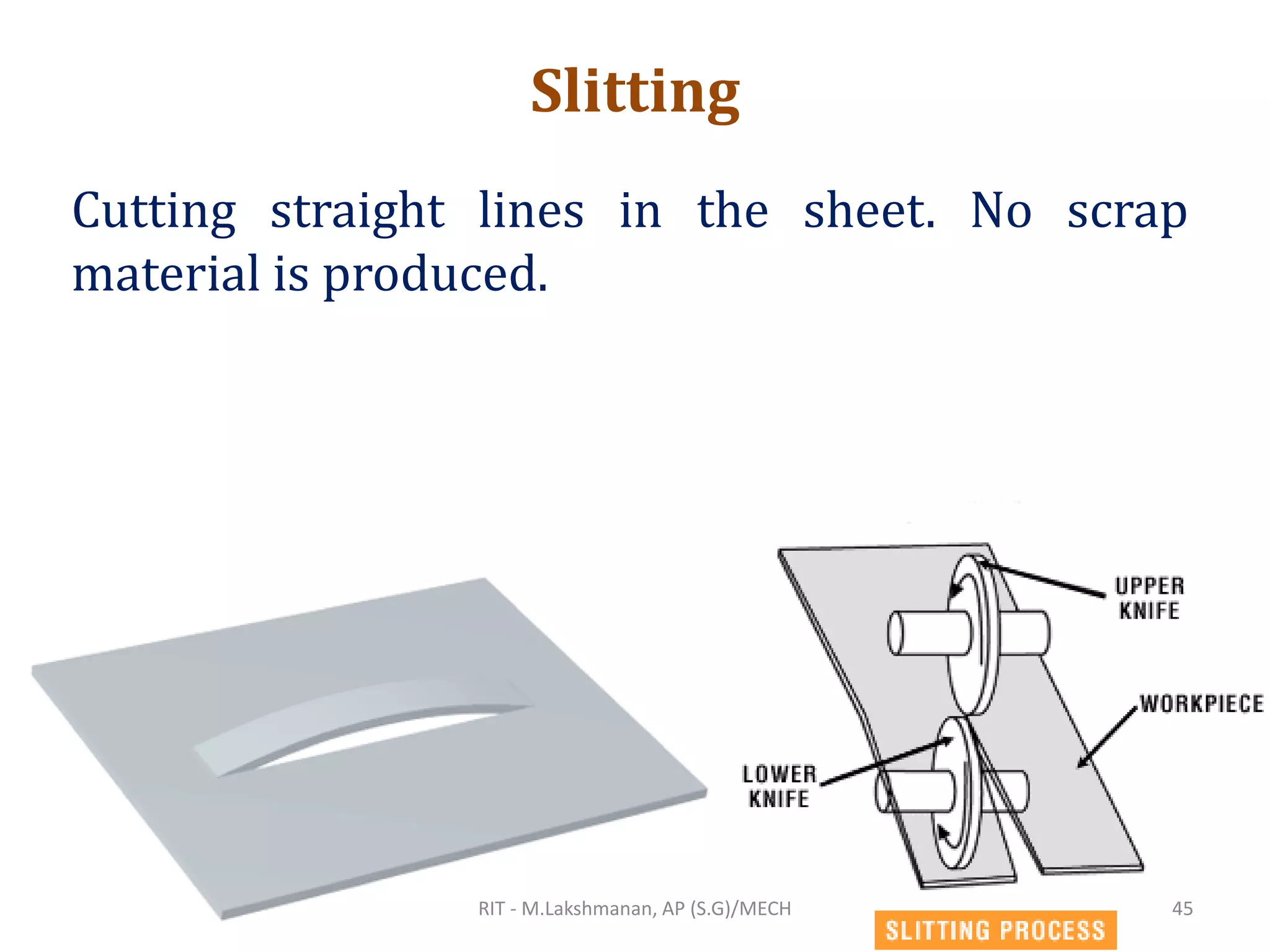 Slitting
Cutting straight lines in the sheet. No scrap
material is produced.
RIT - M.Lakshmanan, AP (S.G)/MECH 45
 