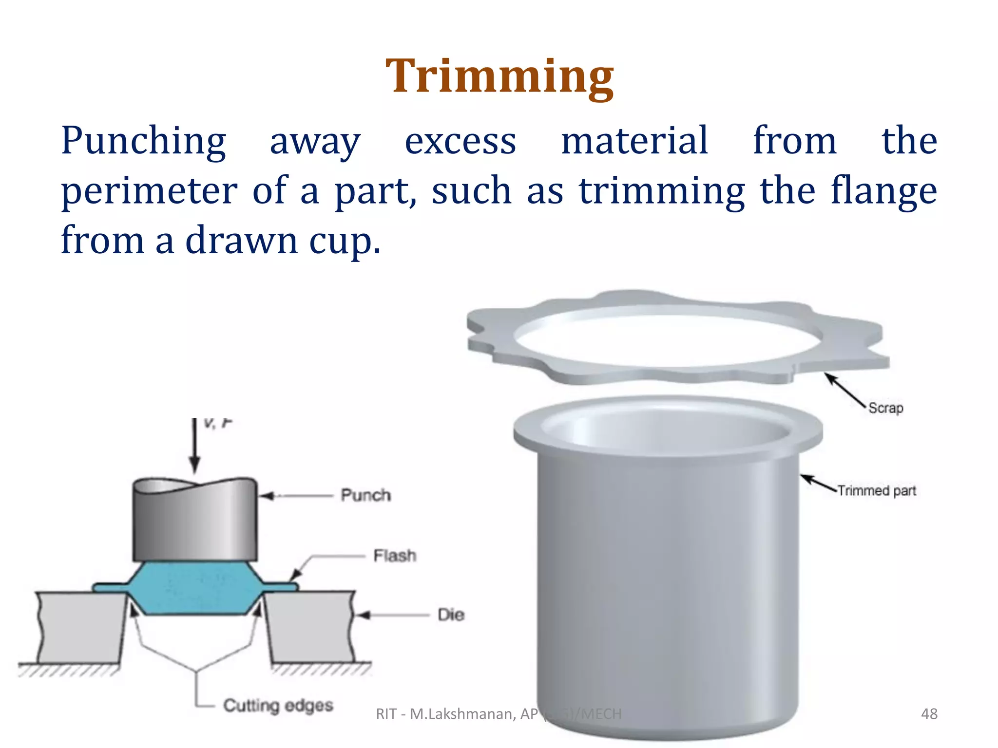 Trimming
Punching away excess material from the
perimeter of a part, such as trimming the flange
from a drawn cup.
RIT - M.Lakshmanan, AP (S.G)/MECH 48
 