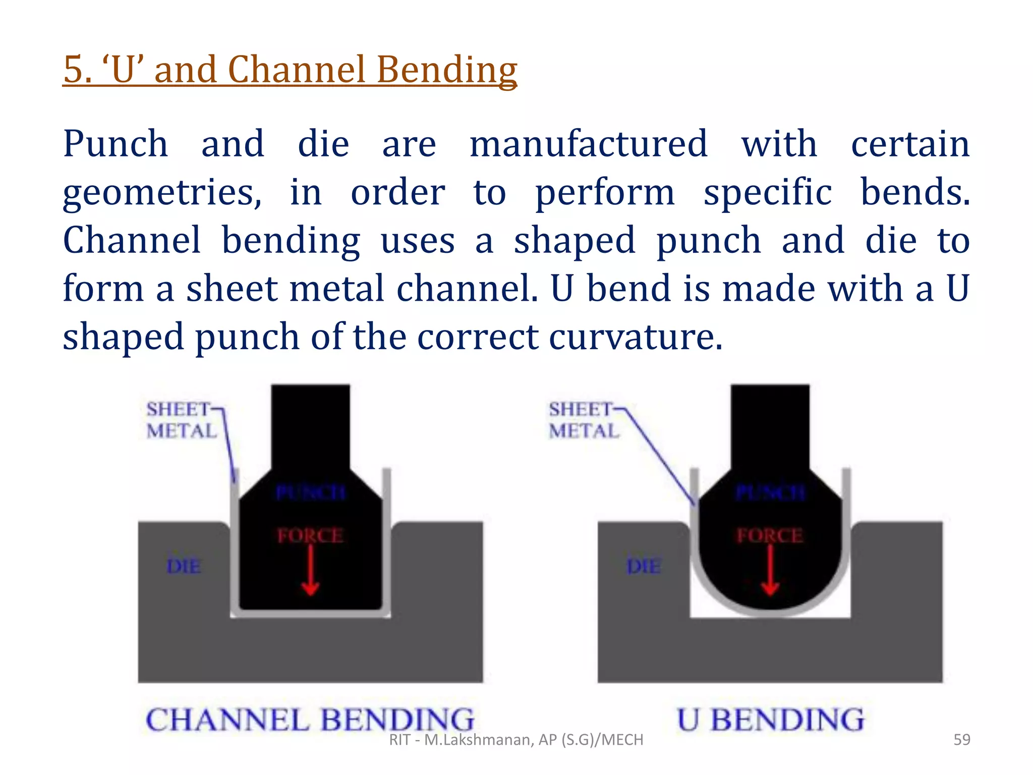 5. ‘U’ and Channel Bending
Punch and die are manufactured with certain
geometries, in order to perform specific bends.
Channel bending uses a shaped punch and die to
form a sheet metal channel. U bend is made with a U
shaped punch of the correct curvature.
RIT - M.Lakshmanan, AP (S.G)/MECH 59
 