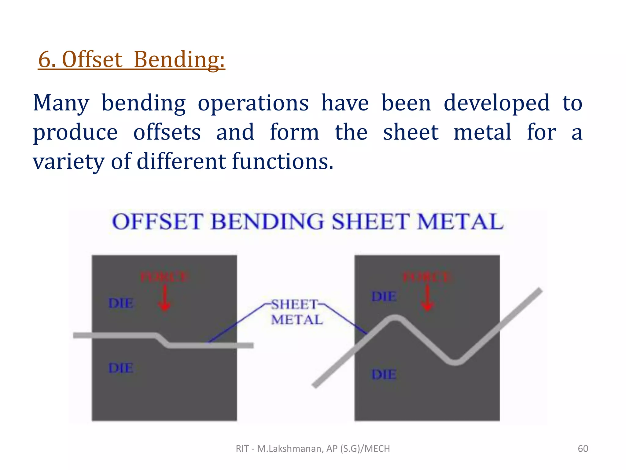 6. Offset Bending:
Many bending operations have been developed to
produce offsets and form the sheet metal for a
variety of different functions.
RIT - M.Lakshmanan, AP (S.G)/MECH 60
 