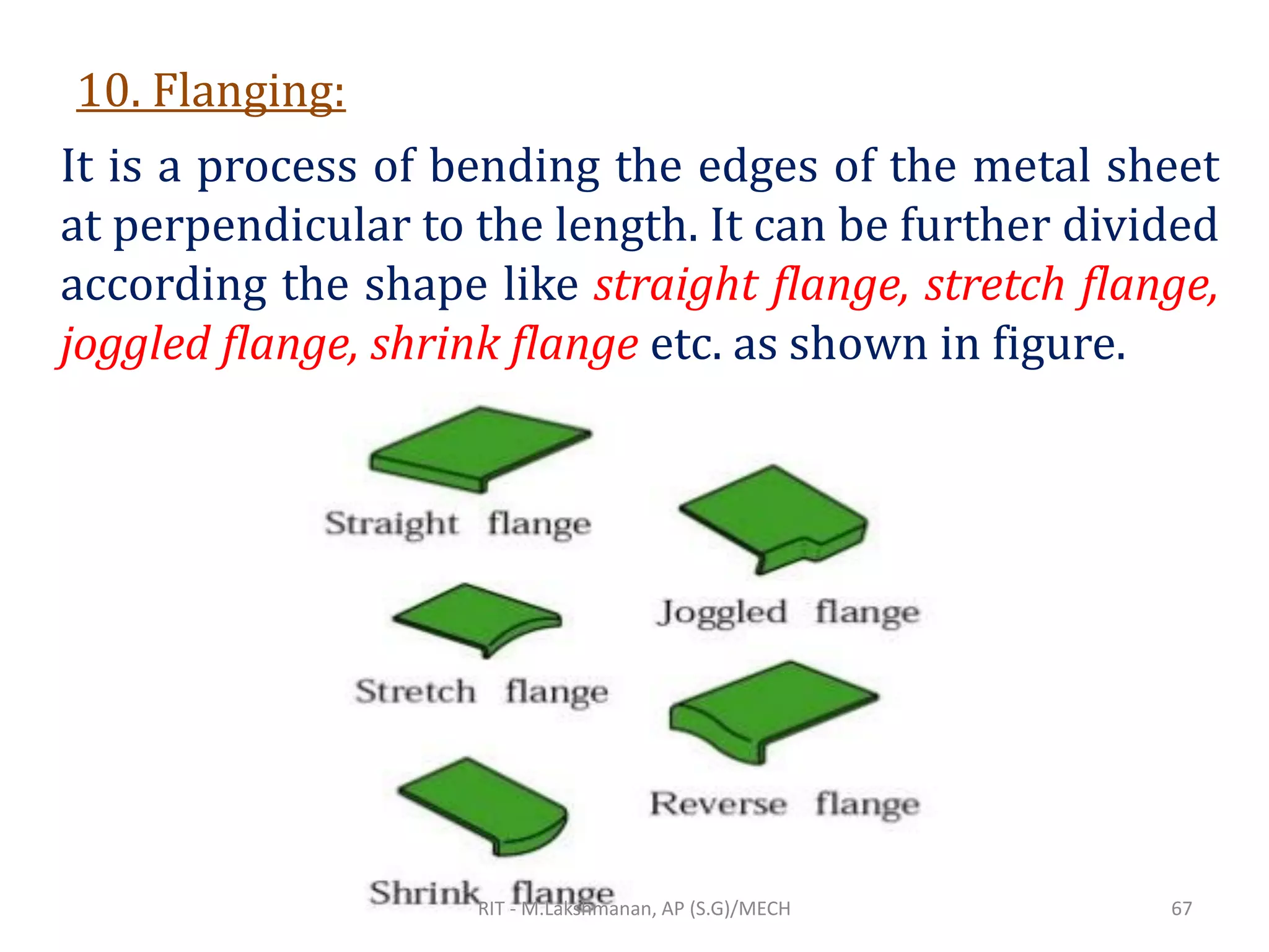 10. Flanging:
It is a process of bending the edges of the metal sheet
at perpendicular to the length. It can be further divided
according the shape like straight flange, stretch flange,
joggled flange, shrink flange etc. as shown in figure.
RIT - M.Lakshmanan, AP (S.G)/MECH 67
 