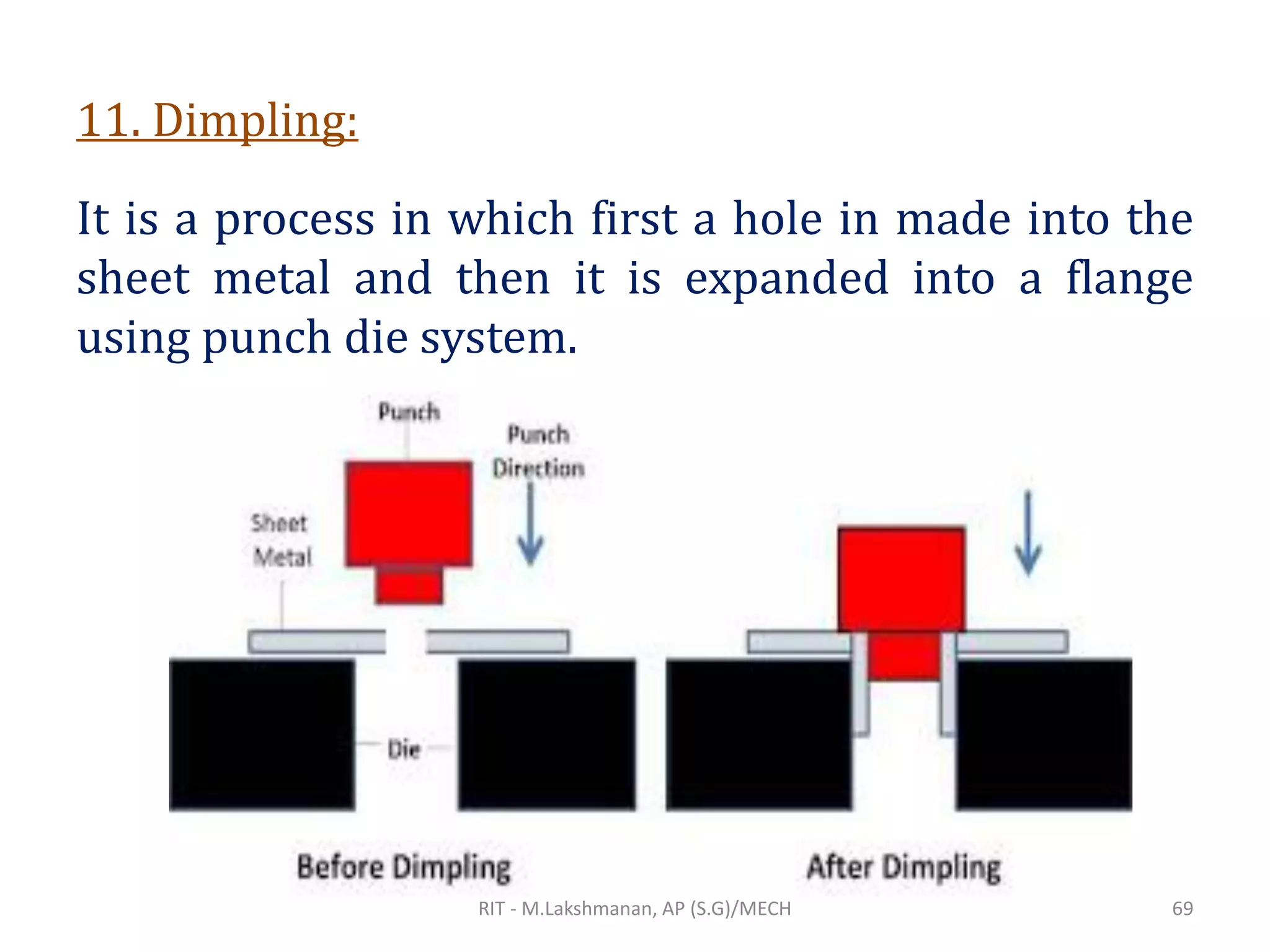 11. Dimpling:
It is a process in which first a hole in made into the
sheet metal and then it is expanded into a flange
using punch die system.
RIT - M.Lakshmanan, AP (S.G)/MECH 69
 