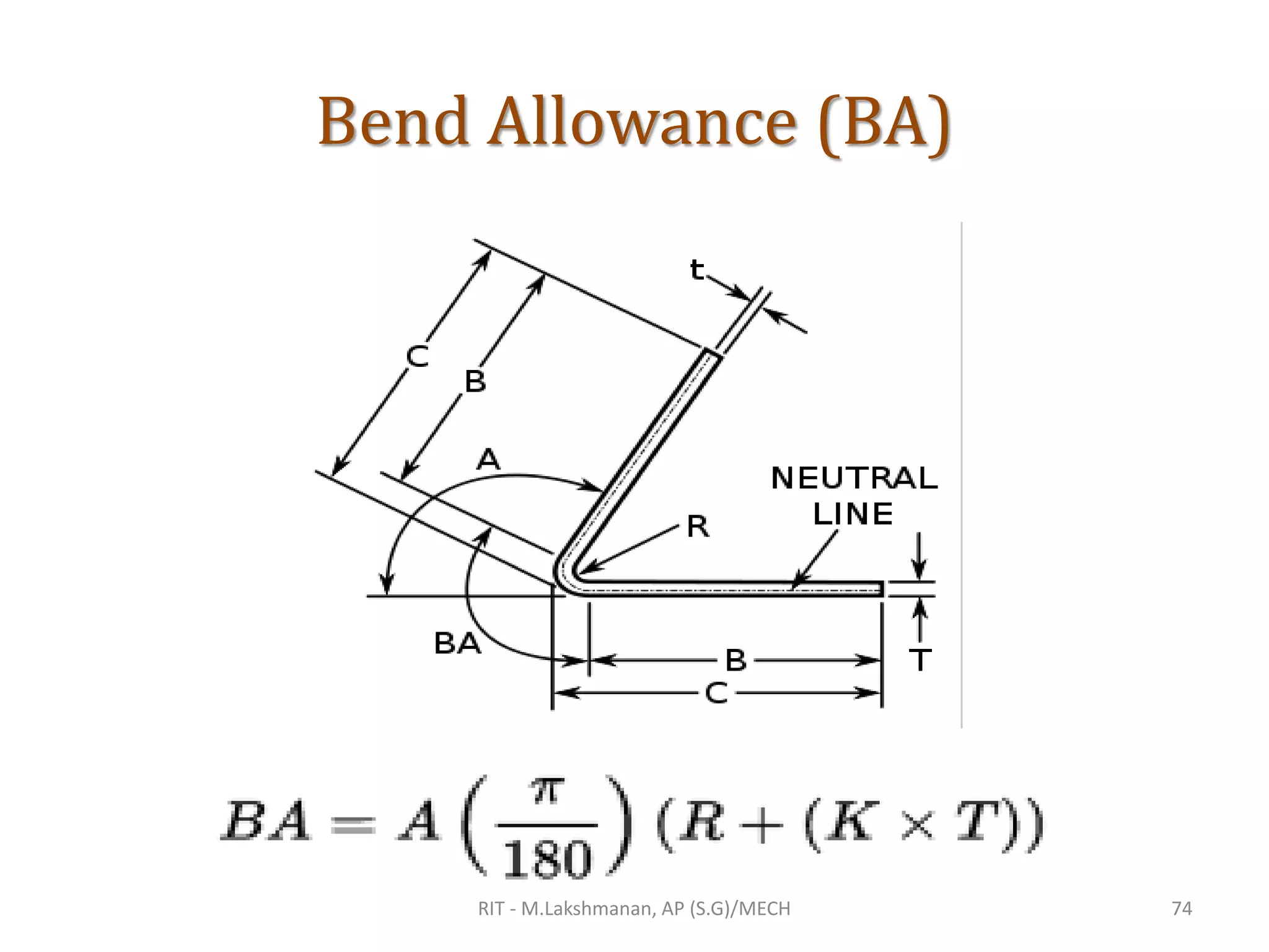 Bend Allowance (BA)
RIT - M.Lakshmanan, AP (S.G)/MECH 74
 