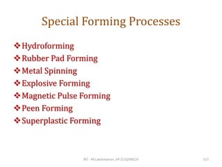 Special Forming Processes
❖Hydroforming
❖Rubber Pad Forming
❖Metal Spinning
❖Explosive Forming
❖Magnetic Pulse Forming
❖Peen Forming
❖Superplastic Forming
RIT - M.Lakshmanan, AP (S.G)/MECH 117
 