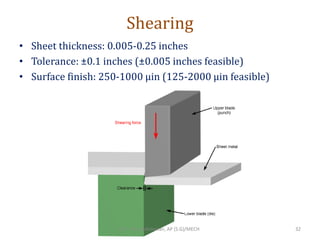 Shearing
• Sheet thickness: 0.005-0.25 inches
• Tolerance: ±0.1 inches (±0.005 inches feasible)
• Surface finish: 250-1000 μin (125-2000 μin feasible)
RIT - M.Lakshmanan, AP (S.G)/MECH 32
 