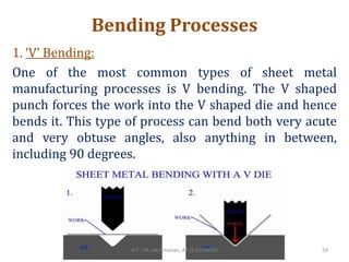 Bending Processes
1. ‘V’ Bending:
One of the most common types of sheet metal
manufacturing processes is V bending. The V shaped
punch forces the work into the V shaped die and hence
bends it. This type of process can bend both very acute
and very obtuse angles, also anything in between,
including 90 degrees.
RIT - M.Lakshmanan, AP (S.G)/MECH 54
 