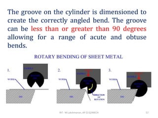 The groove on the cylinder is dimensioned to
create the correctly angled bend. The groove
can be less than or greater than 90 degrees
allowing for a range of acute and obtuse
bends.
RIT - M.Lakshmanan, AP (S.G)/MECH 57
 