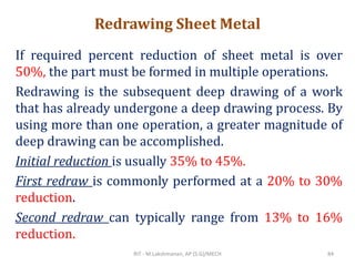 Redrawing Sheet Metal
If required percent reduction of sheet metal is over
50%, the part must be formed in multiple operations.
Redrawing is the subsequent deep drawing of a work
that has already undergone a deep drawing process. By
using more than one operation, a greater magnitude of
deep drawing can be accomplished.
Initial reduction is usually 35% to 45%.
First redraw is commonly performed at a 20% to 30%
reduction.
Second redraw can typically range from 13% to 16%
reduction.
RIT - M.Lakshmanan, AP (S.G)/MECH 84
 