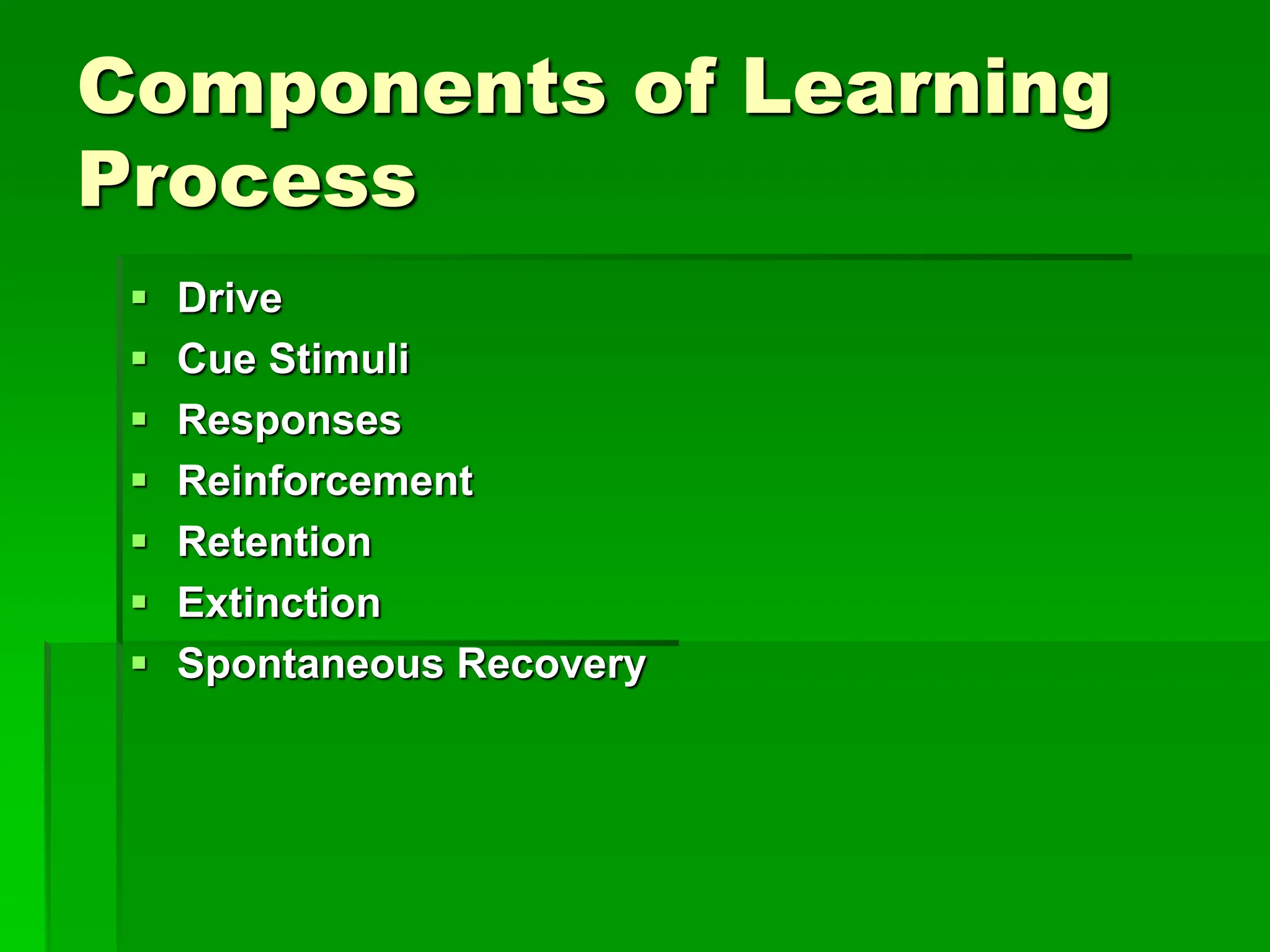 Components of Learning
Process
 Drive
 Cue Stimuli
 Responses
 Reinforcement
 Retention
 Extinction
 Spontaneous Recovery
 