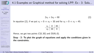 Linear
Programming
Dr. Tushar
Bhatt
Introduction to
LPP
Components of Linear
Programming Problem
Basic Assumption in
LPP
Examples of LPP
Formulation of
LPP
Steps for Mathematical
Formulation of LPP’s
Examples on
Formulation of LPP
Basic
Definitions
Graphical
Method for
solving LPP
Examples on Graphical
method for solving LPP
4.1 Examples on Graphical method for solving LPP; Ex - 3: Solu...
2x1 + 3x2 = 90 (2)
In equation (2), if we put x1 = 0 ⇒ x2 = 30 and for x2 = 0 ⇒ x1 = 45.
x1 0 45
x2 30 0
Hence, we get two points C(0, 30) and D(45, 0).
Step - 2: To plot the graph of equations and apply the conditions given in
the constraints.
Dr. Tushar Bhatt (Atmiya University, Rajkot) Linear Programming 38 / 49
 
