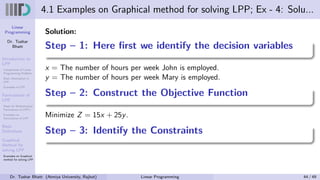 Linear
Programming
Dr. Tushar
Bhatt
Introduction to
LPP
Components of Linear
Programming Problem
Basic Assumption in
LPP
Examples of LPP
Formulation of
LPP
Steps for Mathematical
Formulation of LPP’s
Examples on
Formulation of LPP
Basic
Definitions
Graphical
Method for
solving LPP
Examples on Graphical
method for solving LPP
4.1 Examples on Graphical method for solving LPP; Ex - 4: Solu...
Solution:
Step – 1: Here first we identify the decision variables
x = The number of hours per week John is employed.
y = The number of hours per week Mary is employed.
Step – 2: Construct the Objective Function
Minimize Z = 15x + 25y.
Step – 3: Identify the Constraints
Dr. Tushar Bhatt (Atmiya University, Rajkot) Linear Programming 44 / 49
 