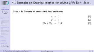 Linear
Programming
Dr. Tushar
Bhatt
Introduction to
LPP
Components of Linear
Programming Problem
Basic Assumption in
LPP
Examples of LPP
Formulation of
LPP
Steps for Mathematical
Formulation of LPP’s
Examples on
Formulation of LPP
Basic
Definitions
Graphical
Method for
solving LPP
Examples on Graphical
method for solving LPP
4.1 Examples on Graphical method for solving LPP; Ex-4: Solu...
Step – 1: Convert all constraints into equations
x = 1 (1)
y = 1 (2)
20x + 30y = 110 (3)
Dr. Tushar Bhatt (Atmiya University, Rajkot) Linear Programming 46 / 49
 
