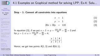 Linear
Programming
Dr. Tushar
Bhatt
Introduction to
LPP
Components of Linear
Programming Problem
Basic Assumption in
LPP
Examples of LPP
Formulation of
LPP
Steps for Mathematical
Formulation of LPP’s
Examples on
Formulation of LPP
Basic
Definitions
Graphical
Method for
solving LPP
Examples on Graphical
method for solving LPP
4.1 Examples on Graphical method for solving LPP; Ex-4: Solu...
Step – 1: Convert all constraints into equations
x = 1 (1)
y = 1 (2)
20x + 30y = 110 (3)
In equation (3), if we put x = 1 ⇒ y = 110−20
30 = 90
30 = 3 and
for y = 1 ⇒ x = 110−30
20 = 80
20 = 4.
x 1 4
y 3 1
Hence, we get two points A(1, 3) and B(4, 1).
Dr. Tushar Bhatt (Atmiya University, Rajkot) Linear Programming 46 / 49
 