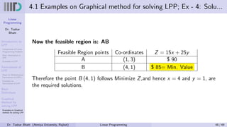 Linear
Programming
Dr. Tushar
Bhatt
Introduction to
LPP
Components of Linear
Programming Problem
Basic Assumption in
LPP
Examples of LPP
Formulation of
LPP
Steps for Mathematical
Formulation of LPP’s
Examples on
Formulation of LPP
Basic
Definitions
Graphical
Method for
solving LPP
Examples on Graphical
method for solving LPP
4.1 Examples on Graphical method for solving LPP; Ex - 4: Solu...
Now the feasible region is: AB
Feasible Region points Co-ordinates Z = 15x + 25y
A (1, 3) $ 90
B (4, 1) $ 85= Min. Value
Therefore the point B (4, 1) follows Minimize Z,and hence x = 4 and y = 1, are
the required solutions.
Dr. Tushar Bhatt (Atmiya University, Rajkot) Linear Programming 48 / 49
 