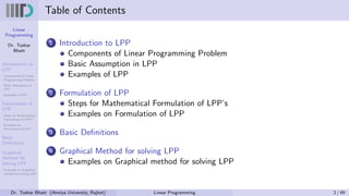 Linear
Programming
Dr. Tushar
Bhatt
Introduction to
LPP
Components of Linear
Programming Problem
Basic Assumption in
LPP
Examples of LPP
Formulation of
LPP
Steps for Mathematical
Formulation of LPP’s
Examples on
Formulation of LPP
Basic
Definitions
Graphical
Method for
solving LPP
Examples on Graphical
method for solving LPP
Table of Contents
1 Introduction to LPP
Components of Linear Programming Problem
Basic Assumption in LPP
Examples of LPP
2 Formulation of LPP
Steps for Mathematical Formulation of LPP’s
Examples on Formulation of LPP
3 Basic Definitions
4 Graphical Method for solving LPP
Examples on Graphical method for solving LPP
Dr. Tushar Bhatt (Atmiya University, Rajkot) Linear Programming 2 / 49
 