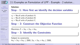 Linear
Programming
Dr. Tushar
Bhatt
Introduction to
LPP
Components of Linear
Programming Problem
Basic Assumption in
LPP
Examples of LPP
Formulation of
LPP
Steps for Mathematical
Formulation of LPP’s
Examples on
Formulation of LPP
Basic
Definitions
Graphical
Method for
solving LPP
Examples on Graphical
method for solving LPP
2.1 Examples on Formulation of LPP - Example - 2 solution...
Solution:
Step - 1: Here first we identify the decision variables
x1 = No.of units of product A.
x2 = No.of units of product B.
x3 = No.of units of product C.
Step – 2: Construct the Objective Function
Maximize Z = 3x1 + 2x2 + 4x3.
Step – 3: Identify the Constraints
Subject to constraints
4x1 + 3x2 + 5x3 ≤ 2000, 2x1 + 2x2 + 4x3 ≤ 2500,
Dr. Tushar Bhatt (Atmiya University, Rajkot) Linear Programming 14 / 49
 