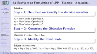 Linear
Programming
Dr. Tushar
Bhatt
Introduction to
LPP
Components of Linear
Programming Problem
Basic Assumption in
LPP
Examples of LPP
Formulation of
LPP
Steps for Mathematical
Formulation of LPP’s
Examples on
Formulation of LPP
Basic
Definitions
Graphical
Method for
solving LPP
Examples on Graphical
method for solving LPP
2.1 Examples on Formulation of LPP - Example - 2 solution...
Solution:
Step - 1: Here first we identify the decision variables
x1 = No.of units of product A.
x2 = No.of units of product B.
x3 = No.of units of product C.
Step – 2: Construct the Objective Function
Maximize Z = 3x1 + 2x2 + 4x3.
Step – 3: Identify the Constraints
Subject to constraints
4x1 + 3x2 + 5x3 ≤ 2000, 2x1 + 2x2 + 4x3 ≤ 2500, And 100 ≤ x1 ≤ 150, x2 ⩾ 200,
Dr. Tushar Bhatt (Atmiya University, Rajkot) Linear Programming 14 / 49
 