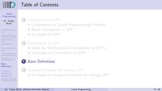 Linear
Programming
Dr. Tushar
Bhatt
Introduction to
LPP
Components of Linear
Programming Problem
Basic Assumption in
LPP
Examples of LPP
Formulation of
LPP
Steps for Mathematical
Formulation of LPP’s
Examples on
Formulation of LPP
Basic
Definitions
Graphical
Method for
solving LPP
Examples on Graphical
method for solving LPP
Table of Contents
1 Introduction to LPP
Components of Linear Programming Problem
Basic Assumption in LPP
Examples of LPP
2 Formulation of LPP
Steps for Mathematical Formulation of LPP’s
Examples on Formulation of LPP
3 Basic Definitions
4 Graphical Method for solving LPP
Examples on Graphical method for solving LPP
Dr. Tushar Bhatt (Atmiya University, Rajkot) Linear Programming 21 / 49
 