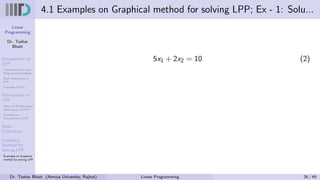 Linear
Programming
Dr. Tushar
Bhatt
Introduction to
LPP
Components of Linear
Programming Problem
Basic Assumption in
LPP
Examples of LPP
Formulation of
LPP
Steps for Mathematical
Formulation of LPP’s
Examples on
Formulation of LPP
Basic
Definitions
Graphical
Method for
solving LPP
Examples on Graphical
method for solving LPP
4.1 Examples on Graphical method for solving LPP; Ex - 1: Solu...
5x1 + 2x2 = 10 (2)
Dr. Tushar Bhatt (Atmiya University, Rajkot) Linear Programming 26 / 49
 