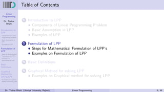 Linear
Programming
Dr. Tushar
Bhatt
Introduction to
LPP
Components of Linear
Programming Problem
Basic Assumption in
LPP
Examples of LPP
Formulation of
LPP
Steps for Mathematical
Formulation of LPP’s
Examples on
Formulation of LPP
Basic
Definitions
Graphical
Method for
solving LPP
Examples on Graphical
method for solving LPP
Table of Contents
1 Introduction to LPP
Components of Linear Programming Problem
Basic Assumption in LPP
Examples of LPP
2 Formulation of LPP
Steps for Mathematical Formulation of LPP’s
Examples on Formulation of LPP
3 Basic Definitions
4 Graphical Method for solving LPP
Examples on Graphical method for solving LPP
Dr. Tushar Bhatt (Atmiya University, Rajkot) Linear Programming 9 / 49
 