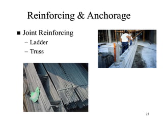 23
Reinforcing & Anchorage
 Joint Reinforcing
– Ladder
– Truss
 