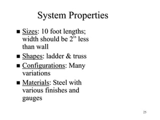25
System Properties
 Sizes: 10 foot lengths;
width should be 2” less
than wall
 Shapes: ladder & truss
 Configurations: Many
variations
 Materials: Steel with
various finishes and
gauges
Ladder
Truss
 