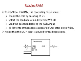 ReadingRAM
 Toread from this RAM, the controlling circuit must:
 Enable the chip by ensuring CS =1.
 Select the read operation, by setting WR =0.
 Send the desired address to the ADRSinput.
 Tecontents of that address appear on OUT after a littlewhile.
 Notice that the DATA input is unused for readoperations.
2kx n memory
OUT
ADRS
DATA
CS WR
k
n
n
 