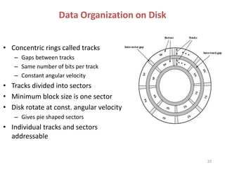 Data Organization on Disk
• Concentric rings called tracks
– Gaps between tracks
– Same number of bits per track
– Constant angular velocity
• Tracks divided into sectors
• Minimum block size is one sector
• Disk rotate at const. angular velocity
– Gives pie shaped sectors
• Individual tracks and sectors
addressable
33
 