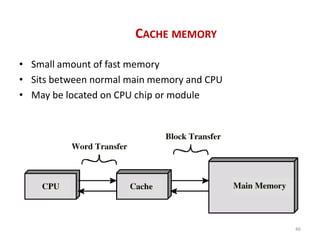 CACHE MEMORY
• Small amount of fast memory
• Sits between normal main memory and CPU
• May be located on CPU chip or module
46
 