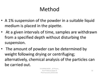 Method
• A 1% suspension of the powder in a suitable liquid
medium is placed in the pipette.
• At a given intervals of time, samples are withdrawn
from a specified depth without disturbing the
suspension.
• The amount of powder can be determined by
weight following drying or centrifuging;
alternatively, chemical analysis of the particles can
be carried out.
R.VIJAYAKUMAR ., M Pharm.,
Asst Professor,Dept of
Pharmaceutics,VCP,Erode.
32
 