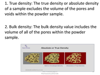 1. True density: The true density or absolute density
of a sample excludes the volume of the pores and
voids within the powder sample.
2. Bulk density: The bulk density value includes the
volume of all of the pores within the powder
sample.
R.VIJAYAKUMAR ., M Pharm.,
Asst Professor,Dept of
Pharmaceutics,VCP,Erode.
50
 