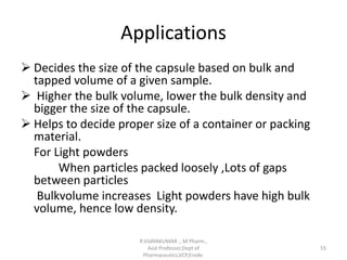 Applications
 Decides the size of the capsule based on bulk and
tapped volume of a given sample.
 Higher the bulk volume, lower the bulk density and
bigger the size of the capsule.
 Helps to decide proper size of a container or packing
material.
For Light powders
When particles packed loosely ,Lots of gaps
between particles
Bulkvolume increases Light powders have high bulk
volume, hence low density.
R.VIJAYAKUMAR ., M Pharm.,
Asst Professor,Dept of
Pharmaceutics,VCP,Erode.
55
 