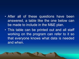 • After all of these questions have been
answered, a table like the one below can
be made to include in the M&E plan.
• This table can be printed out and all staff
working on the program can refer to it so
that everyone knows what data is needed
and when.
 