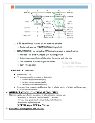 GRAPHPLAN Termination:
 Termination? YES
 PG are monotonically increasing or decreasing:
o Literals increase monotonically
o Actions increase monotonically
o Mutexes decrease monotonically
 Because of these properties and because there is a finite number of actions and literals, every
PG will eventually level off.
4. OTHER CLASSICAL PLANNING APPROACHES:
The most popular and effective approaches to fully automated planning are:
• Translating to a Boolean satisfiability (SAT) problem
• Forward state-space search with carefully crafted heuristics
• Search using a planning graph
(REFER Your PPT for Notes)
5. Hierarchical Planning (Refer PPT for notes)
 