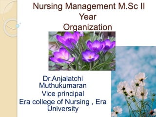 Nursing Management M.Sc II
Year
Organization
Dr.Anjalatchi
Muthukumaran
Vice principal
Era college of Nursing , Era
University
 