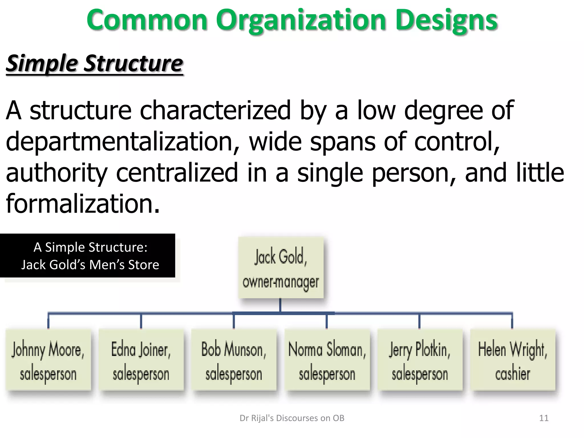 Common Organization Designs
A Simple Structure:
Jack Gold’s Men’s Store
Simple Structure
A structure characterized by a low degree of
departmentalization, wide spans of control,
authority centralized in a single person, and little
formalization.
11Dr Rijal's Discourses on OB
 