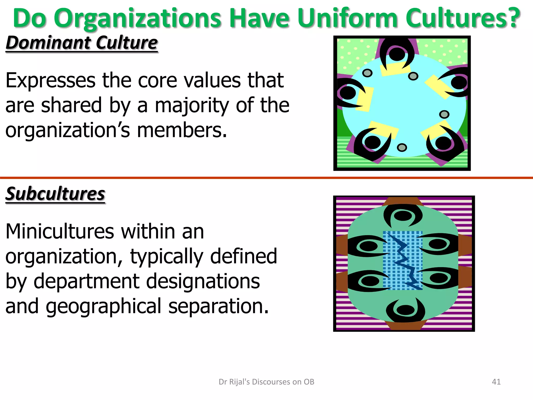 Do Organizations Have Uniform Cultures?
Dominant Culture
Expresses the core values that
are shared by a majority of the
organization’s members.
Subcultures
Minicultures within an
organization, typically defined
by department designations
and geographical separation.
41Dr Rijal's Discourses on OB
 