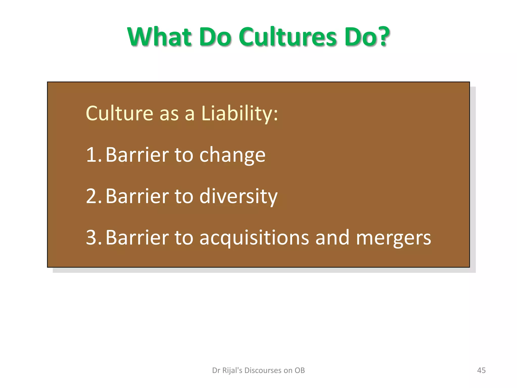 What Do Cultures Do?
Culture as a Liability:
1.Barrier to change
2.Barrier to diversity
3.Barrier to acquisitions and mergers
45Dr Rijal's Discourses on OB
 
