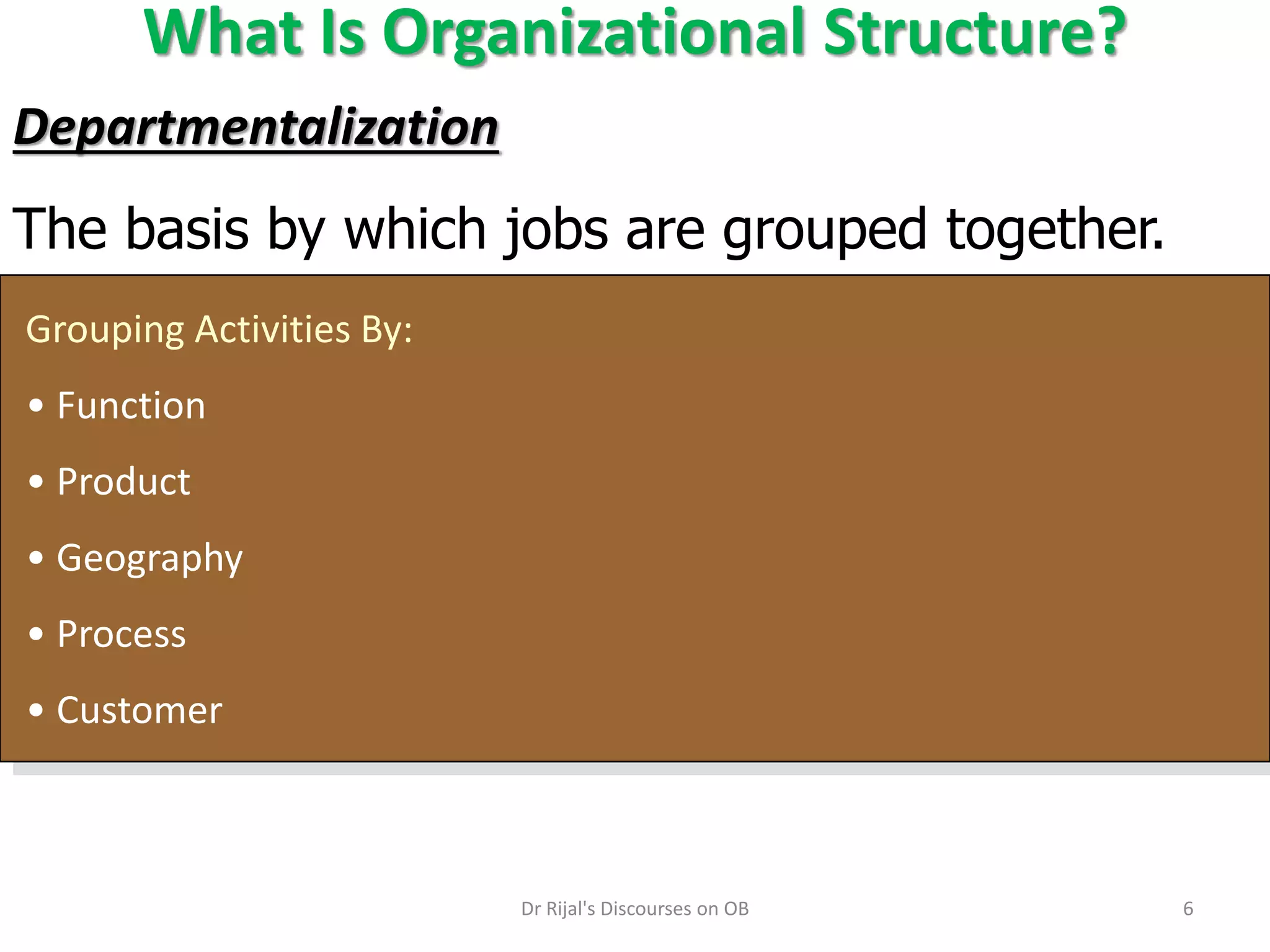 What Is Organizational Structure?
Grouping Activities By:
• Function
• Product
• Geography
• Process
• Customer
Departmentalization
The basis by which jobs are grouped together.
6Dr Rijal's Discourses on OB
 