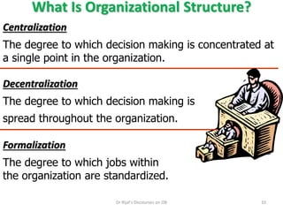 What Is Organizational Structure?
Centralization
The degree to which decision making is concentrated at
a single point in the organization.
Formalization
The degree to which jobs within
the organization are standardized.
Decentralization
The degree to which decision making is
spread throughout the organization.
10Dr Rijal's Discourses on OB
 
