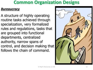 Common Organization Designs
Bureaucracy
A structure of highly operating
routine tasks achieved through
specialization, very formalized
rules and regulations, tasks that
are grouped into functional
departments, centralized
authority, narrow spans of
control, and decision making that
follows the chain of command.
12Dr Rijal's Discourses on OB
 