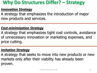 Why Do Structures Differ? – Strategy
Innovation Strategy
A strategy that emphasizes the introduction of major
new products and services.
Imitation Strategy
A strategy that seeks to move into new products or new
markets only after their viability has already been
proven.
Cost-minimization Strategy
A strategy that emphasizes tight cost controls, avoidance
of unnecessary innovation or marketing expenses, and
price cutting.
21Dr Rijal's Discourses on OB
 