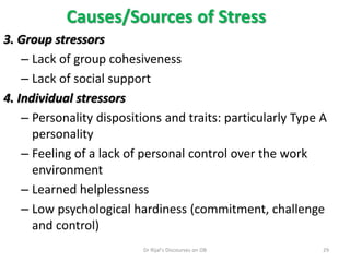 3. Group stressors
– Lack of group cohesiveness
– Lack of social support
4. Individual stressors
– Personality dispositions and traits: particularly Type A
personality
– Feeling of a lack of personal control over the work
environment
– Learned helplessness
– Low psychological hardiness (commitment, challenge
and control)
Causes/Sources of Stress
29Dr Rijal's Discourses on OB
 