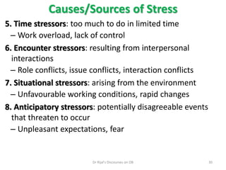 5. Time stressors: too much to do in limited time
– Work overload, lack of control
6. Encounter stressors: resulting from interpersonal
interactions
– Role conflicts, issue conflicts, interaction conflicts
7. Situational stressors: arising from the environment
– Unfavourable working conditions, rapid changes
8. Anticipatory stressors: potentially disagreeable events
that threaten to occur
– Unpleasant expectations, fear
Causes/Sources of Stress
30Dr Rijal's Discourses on OB
 
