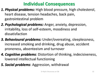 1. Physical problems: High blood pressure, high cholesterol,
heart disease, tension headaches, back pain,
gastrointestinal problem
2. Psychological problems: Anger, anxiety, depression,
irritability, loss of self-esteem, moodiness and
dissatisfaction
3. Behavioural problems: Under/overeating, sleeplessness,
increased smoking and drinking, drug abuse, accident
proneness, absenteeism and turnover
4. Cognitive problems: Distortion of thinking, indecisiveness,
lowered intellectual functioning
5. Social problems: Aggression, withdrawal
Individual Consequences
32Dr Rijal's Discourses on OB
 