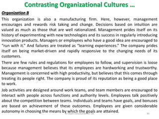 Contrasting Organizational Cultures …
Organization B
This organization is also a manufacturing firm. Here, however, management
encourages and rewards risk taking and change. Decisions based on intuition are
valued as much as those that are well rationalized. Management prides itself on its
history of experimenting with new technologies and its success in regularly introducing
innovation products. Managers or employees who have a good idea are encouraged to
“run with it.” And failures are treated as “learning experiences.” The company prides
itself on being market-driven and rapidly responsive to the changing needs of its
customers.
There are few rules and regulations for employees to follow, and supervision is loose
because management believes that its employees are hardworking and trustworthy.
Management is concerned with high productivity, but believes that this comes through
treating its people right. The company is proud of its reputation as being a good place
to work.
Job activities are designed around work teams, and team members are encouraged to
interact with people across functions and authority levels. Employees talk positively
about the competition between teams. Individuals and teams have goals, and bonuses
are based on achievement of these outcomes. Employees are given considerable
autonomy in choosing the means by which the goals are attained. 40Dr Rijal's Discourses on OB
 